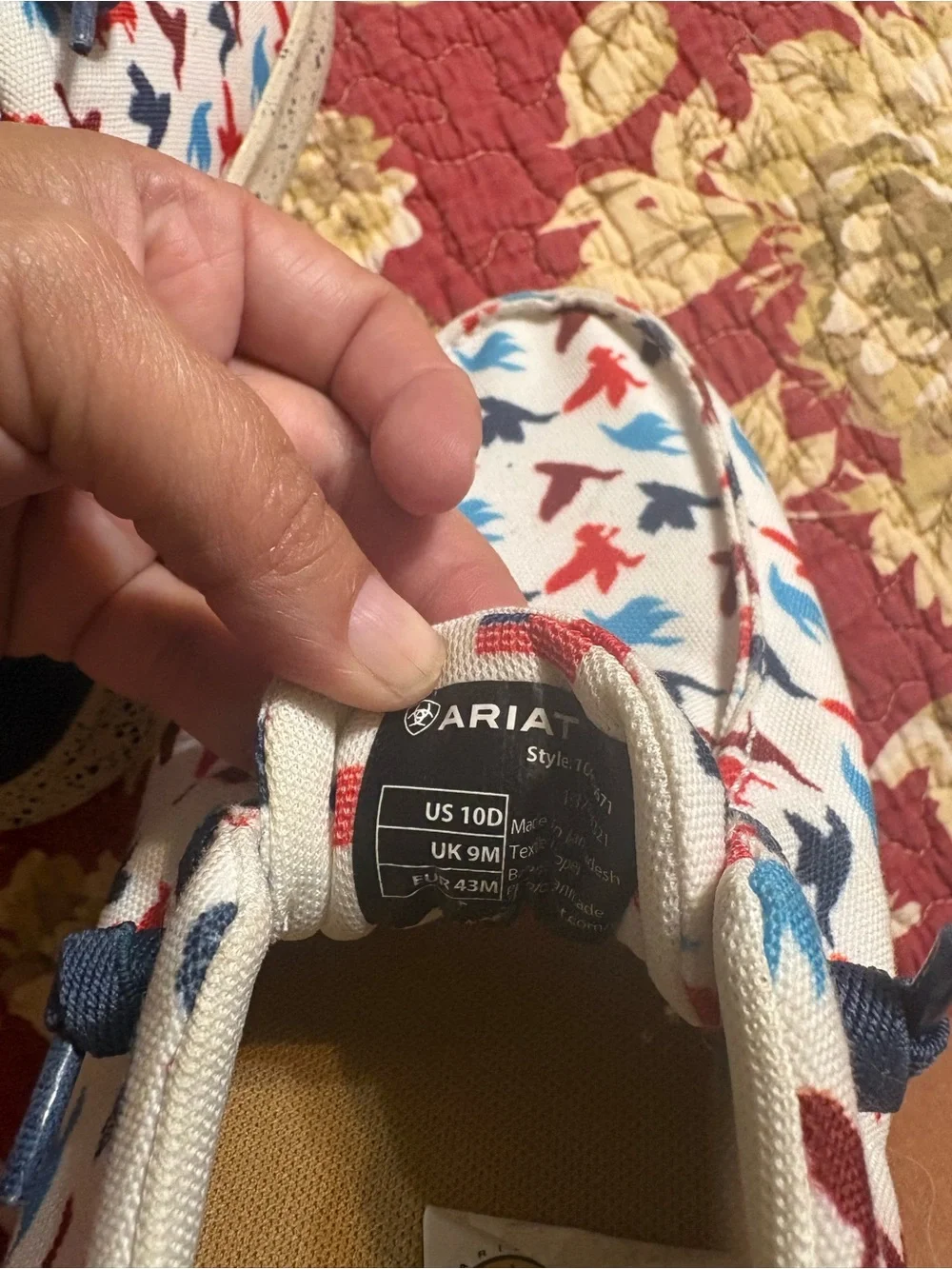 Ariat White Canvas Boat Shoes with Red & Blue Bird Print